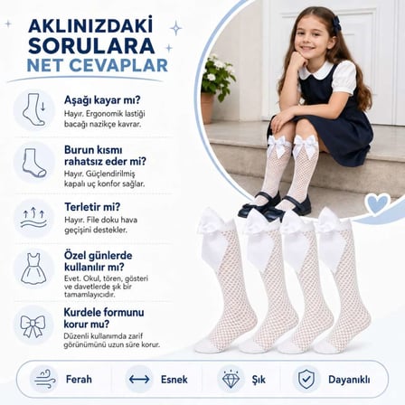 Kız Çocuk Beyaz File Dizaltı Çorap Fiyonklu 3'lü Paket Okul Tören Bayram Gösteri Çorabı — RENK / BED
