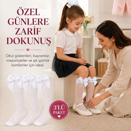 Kız Çocuk Beyaz File Dizaltı Çorap Fiyonklu 3'lü Paket Okul Tören Bayram Gösteri Çorabı — RENK / BED
