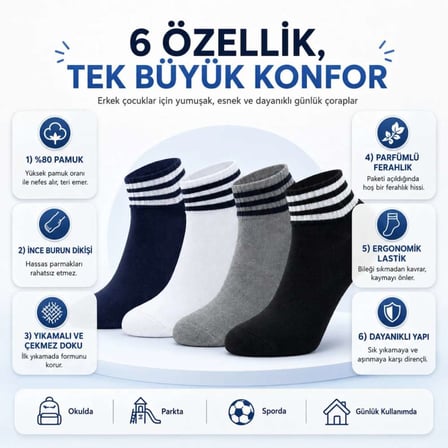 Erkek Çocuk 4'lü Pamuklu Çizgili Patik Çorap Nefes Alan Esnek Günlük Spor Okul Çorabı Rahat ve Dayan