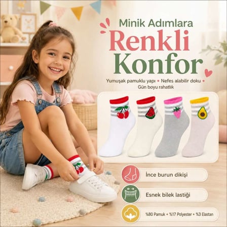 Kız Çocuk Pamuklu 8'li Meyve Desenli Çorap Kiraz Karpuz Çilek Avokado Günlük Bilek Çorabı — RENK / B