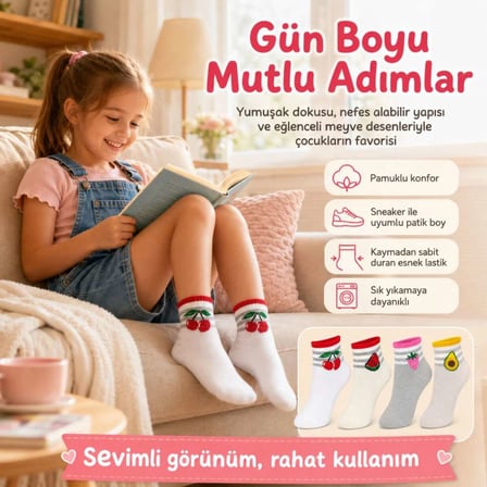 Kız Çocuk Pamuklu 8'li Meyve Desenli Çorap Kiraz Karpuz Çilek Avokado Günlük Bilek Çorabı — RENK / B