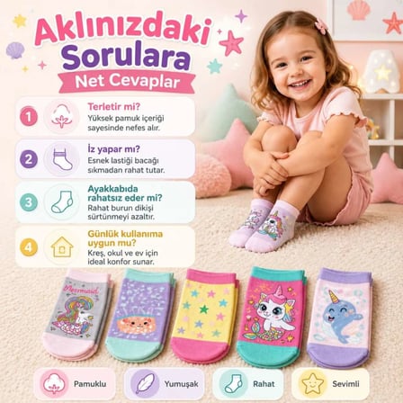 5'li Kız Çocuk Çorap Seti Deniz Kızı Unicorn Desenli Pamuklu Rahat Burunlu Renkli — RENK / BEDEN: Ço