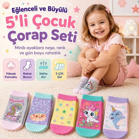 5'li Kız Çocuk Çorap Seti Deniz Kızı Unicorn Desenli Pamuklu Rahat Burunlu Renkli — RENK / BEDEN: Ço