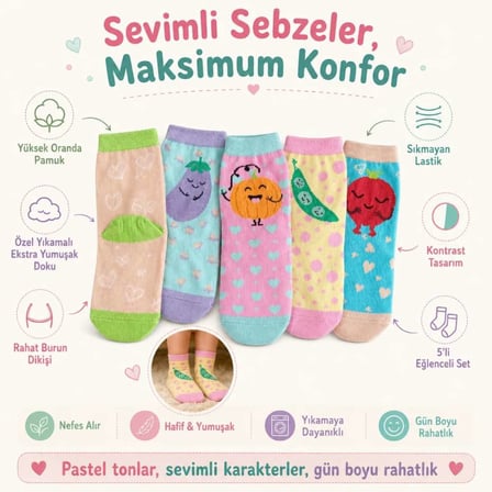 5'li Sebze Desenli Çocuk Çorap Seti Yüksek Pamuklu Rahat Burunlu Sıkmayan Lastikli — RENK / BEDEN: Ç