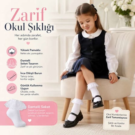 Kız Çocuk 3'lü Beyaz Dantelli Soket Çorap, Yüksek Pamuklu Okul Gösteri ve Özel Gün Çorabı — RENK / B