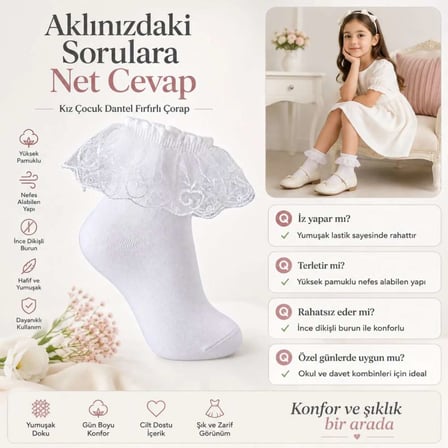 Kız Çocuk 3'lü Beyaz Dantelli Soket Çorap, Yüksek Pamuklu Okul Gösteri ve Özel Gün Çorabı — RENK / B