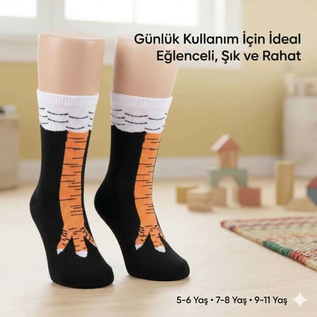 Tavuk Ayağı Desenli Çocuk Çorap Siyah Turuncu Eğlenceli Hayvan Figürlü Yumuşak Dokulu Günlük Çorap —