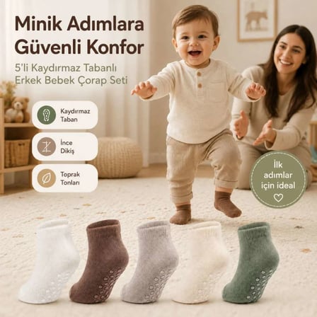 5'li Kaydırmaz Tabanlı Erkek Bebek Çorap Seti İnce Dikişli Toprak Tonları — RENK / BEDEN: Çok renkli