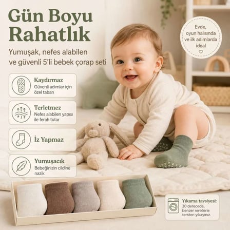 5'li Kaydırmaz Tabanlı Erkek Bebek Çorap Seti İnce Dikişli Toprak Tonları — RENK / BEDEN: Çok renkli