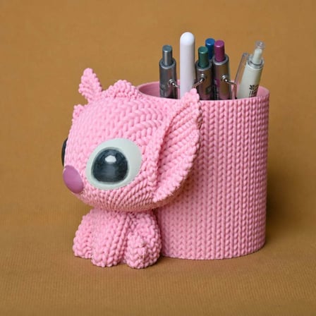 3D Baskı Knitted Kalemlik - Sevimli Karakterli Masaüstü Kalem Organizeri-Pembe