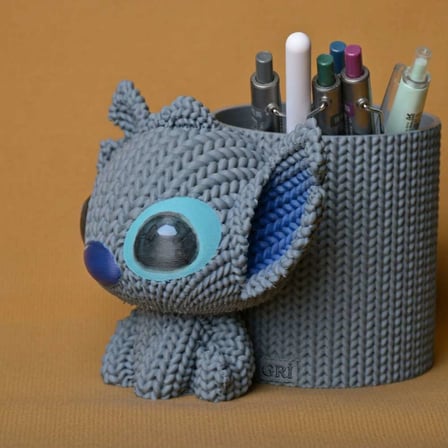 3D Baskı Knitted Kalemlik - Sevimli Karakterli Masaüstü Kalem Organizeri-Gri