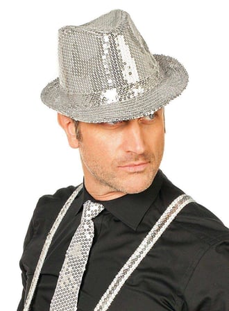 Disko Star Gümüş Payetli Fötr Şapka Yetişkin Boy