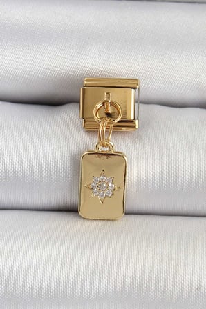316L Çelik Sallantılı Zirkon Taşlı Kutup Yıldızı Figürlü Dikdörtgen Model Renk Nomination Charm