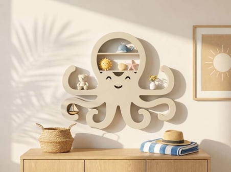 3D Baskı Ahtapot Duvar Rafı - Dekoratif Mini Raf-Bej