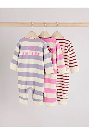 %100 Pamuklu Pembe Mor Çizgili Desenli 3'lü Tulum Set