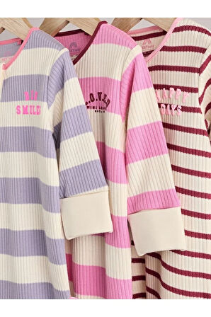 %100 Pamuklu Pembe Mor Çizgili Desenli 3'lü Tulum Set