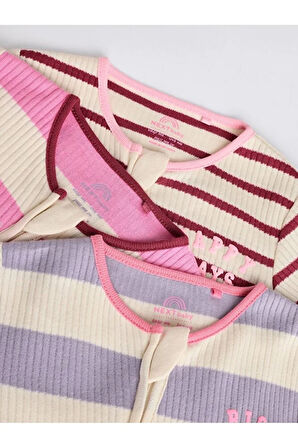 %100 Pamuklu Pembe Mor Çizgili Desenli 3'lü Tulum Set