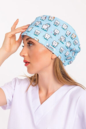 Master Likra Mavi Diş Desenli Doktor Hemşire Hastane Diş Hekimi Cerrahi Bone