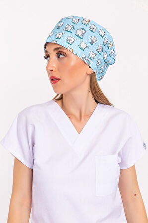 Master Likra Mavi Diş Desenli Doktor Hemşire Hastane Diş Hekimi Cerrahi Bone