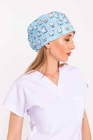 Master Likra Mavi Diş Desenli Doktor Hemşire Hastane Diş Hekimi Cerrahi Bone