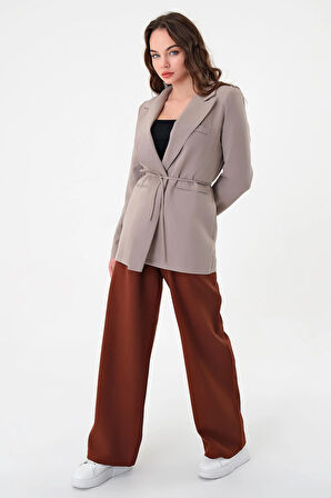 Kadın Gri Bel Bağlamalı Blazer Ceket