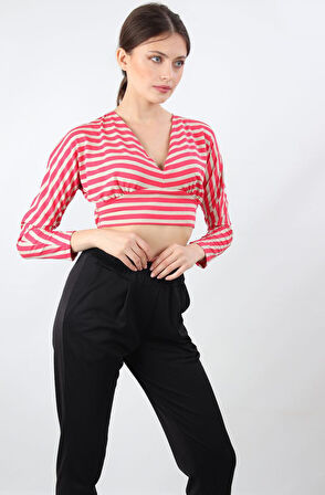 ALEXANDERGARDI ÇİZGİLİ CROP BLUZ, BEJ-PEMBE (B19-153401)