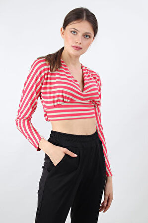 ALEXANDERGARDI ÇİZGİLİ CROP BLUZ, BEJ-PEMBE (B19-153401)