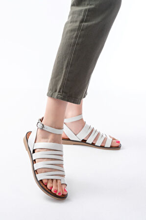 205-041 Beyaz Ortopedik Hakiki Deri Kadın Sandalet