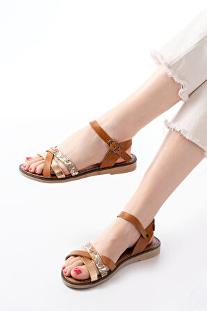 205-015 Taba Garni Ortopedik Hakiki Deri Kadın Sandalet