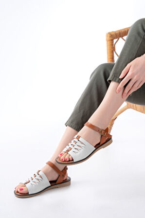 205-029 Beyaz Ortopedik Hakiki Deri Kadın Sandalet