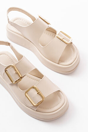 1187 Bej Dolgu Topuk Lastik Baretli  Kadın Sandalet