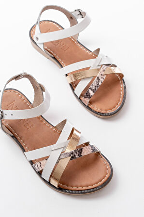 205-093 Beyaz  Garni Hakiki Deri Ortopedik Taban Kadın Sandalet