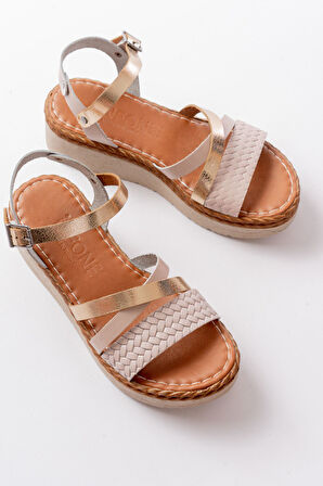 730-044 Bej Garni Ortopedik Örgü Desenli Hakiki Deri Dolgu Kadın Sandalet