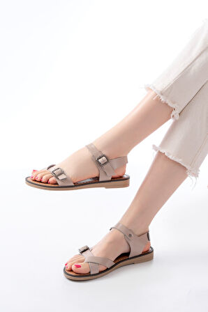 205-091 Bej Ortopedik Hakiki Deri Kadın Sandalet