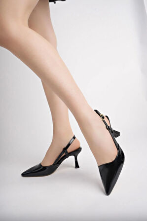 ST-002 Siyah Rugan Günlük 7 cm Topuklu Kadın Ayakkabı