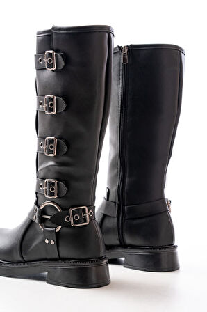 02-346 Siyah Düz Topuklu Günlük Kadın Binici Çizme