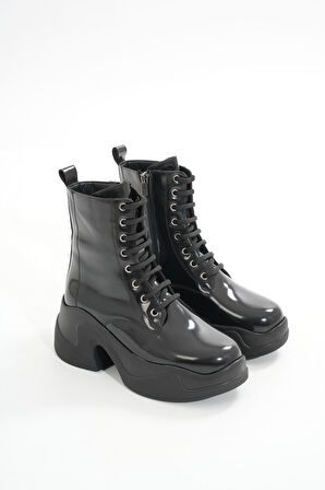 FZ-2550 Siyah Rugan Yüksek Tabanlı Bağcıklı Fermuarlı Günlük Kadın Bot