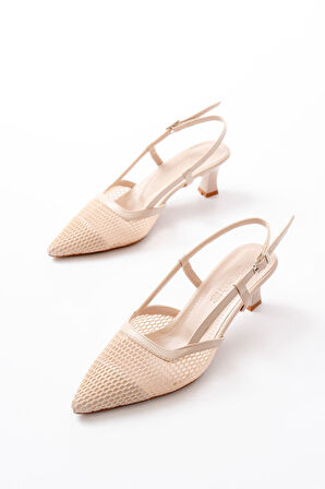 K-607 Bej Günlük Fileli Arkası Açık 7 cm Topuklu Kadın Ayakkabı