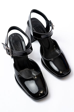 İNF-40450 Siyah Rugan Günlük Arkası Açık Topuklu Kadın Ayakkabı