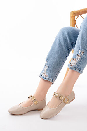 İNF-6363 Bej Baret Tokalı Günlük Kadın Ayakkabı