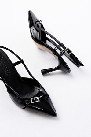 İNF-2300 Siyah Rugan Günlük Arkası Açık Fiyonklu Topuklu kadin Ayakkabı