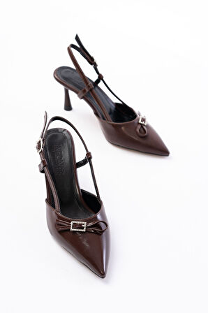 İNF-2300 Kahve Rugan Günlük Arkası Açık Fiyonklu Topuklu Kadın Ayakkabı