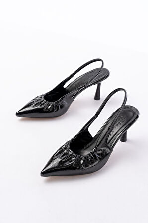 İNF-40451 Siyah Kırışık Rugan Günlük Arkası Açık Topuklu kadın Ayakkabı