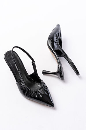 İNF-40451 Siyah Kırışık Rugan Günlük Arkası Açık Topuklu kadın Ayakkabı