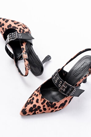 İNF-260 Siyah Leopar Günlük Arkası Açık Baret Tokalı Topuklu kadin Ayakkabı
