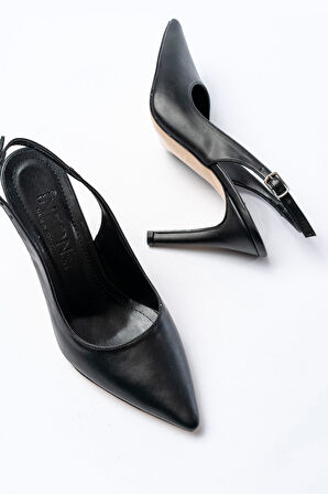 ST-1153 Siyah Günlük Arkası Açık 9 cm Topuklu Kadın Ayakkabı