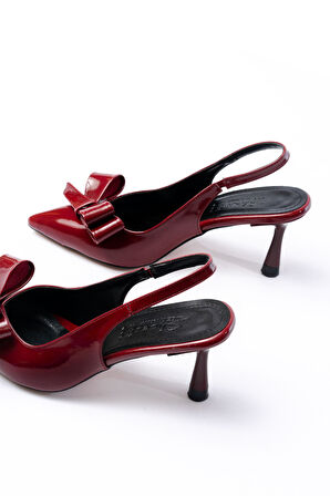 İNF-4501 Bordo Rugan Günlük Arkası Açık Fiyonklu Topuklu Kadın Ayakkabı