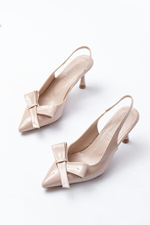 İNF-4501 Bej Rugan Günlük Arkası Açık Fiyonklu Topuklu Kadın Ayakkabı