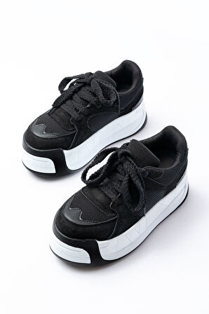 SP-190 Siyah Garni Bağcıklı Fileli Yüksek Taban Günlük Spor Ayakkabı