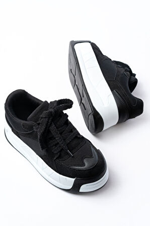 SP-190 Siyah Garni Bağcıklı Fileli Yüksek Taban Günlük Spor Ayakkabı